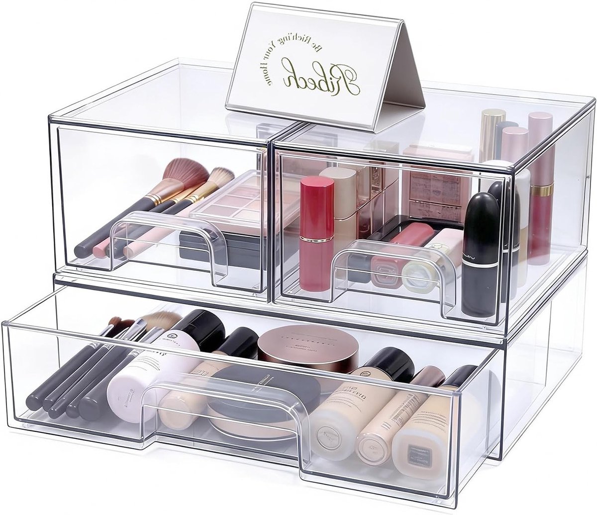 Set van 3 Transparante Opbergdozen met Lades en Antislip Bodem - Stapelbare Organizer voor Badkamer, Make-up Tafel en Bureau, Ruimtebesparend voor Elke Werkplek