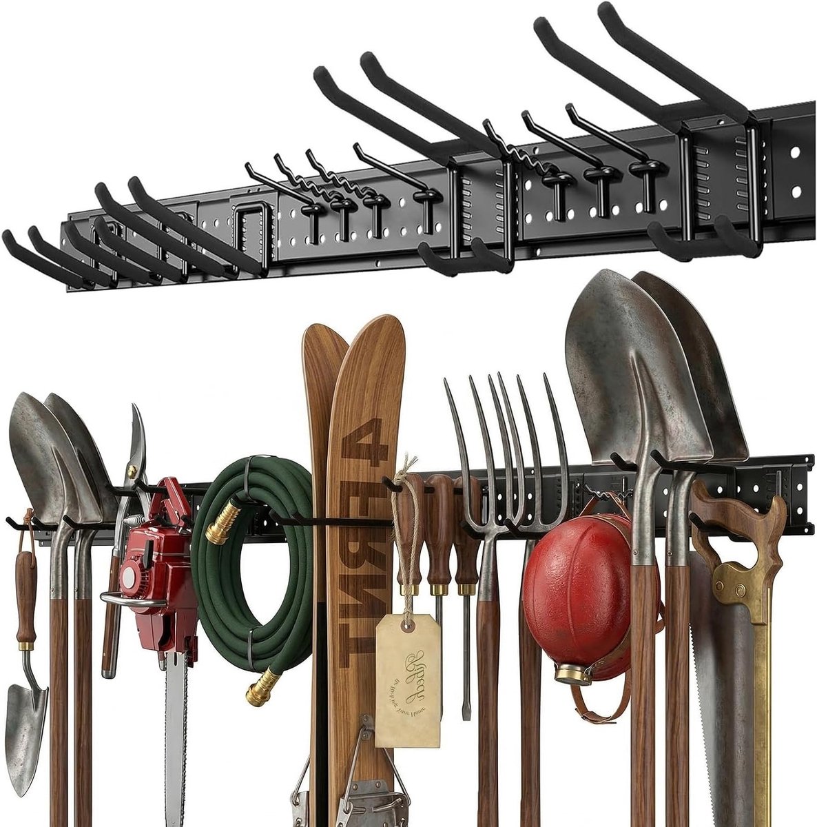 Toolhouder met 12 wandbevestigingen, wandplank van 122 cm, rubberen haken, tot 250 kg, voor tuingereedschap, ski's, bezems en schoppen, wandmontage voor optimale ruimtebesparing