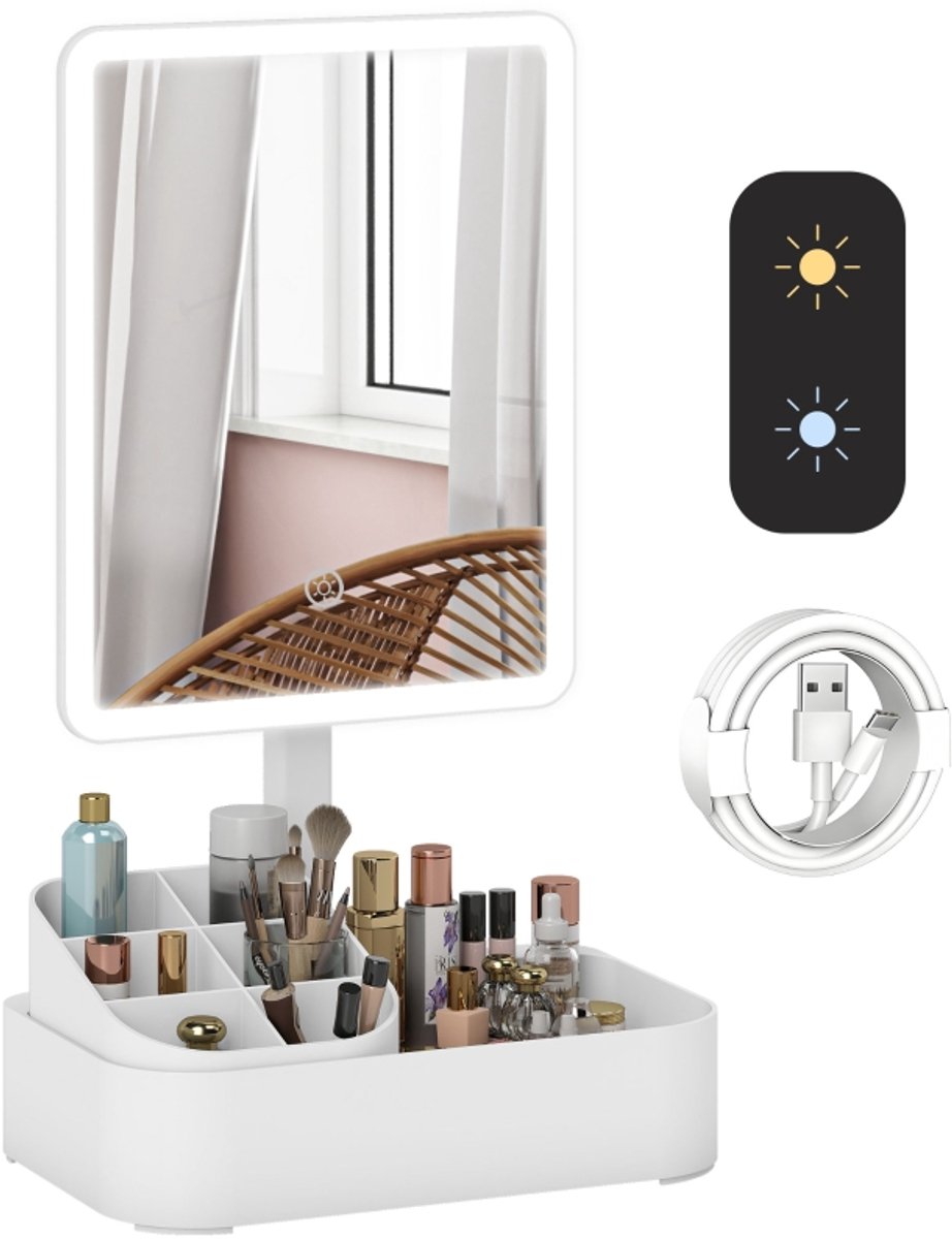COVREO Staande spiegel 22 x 13,8 x 38 cm - wit kunststof, LED-verlichting, opbergbox en 180° draaibaar