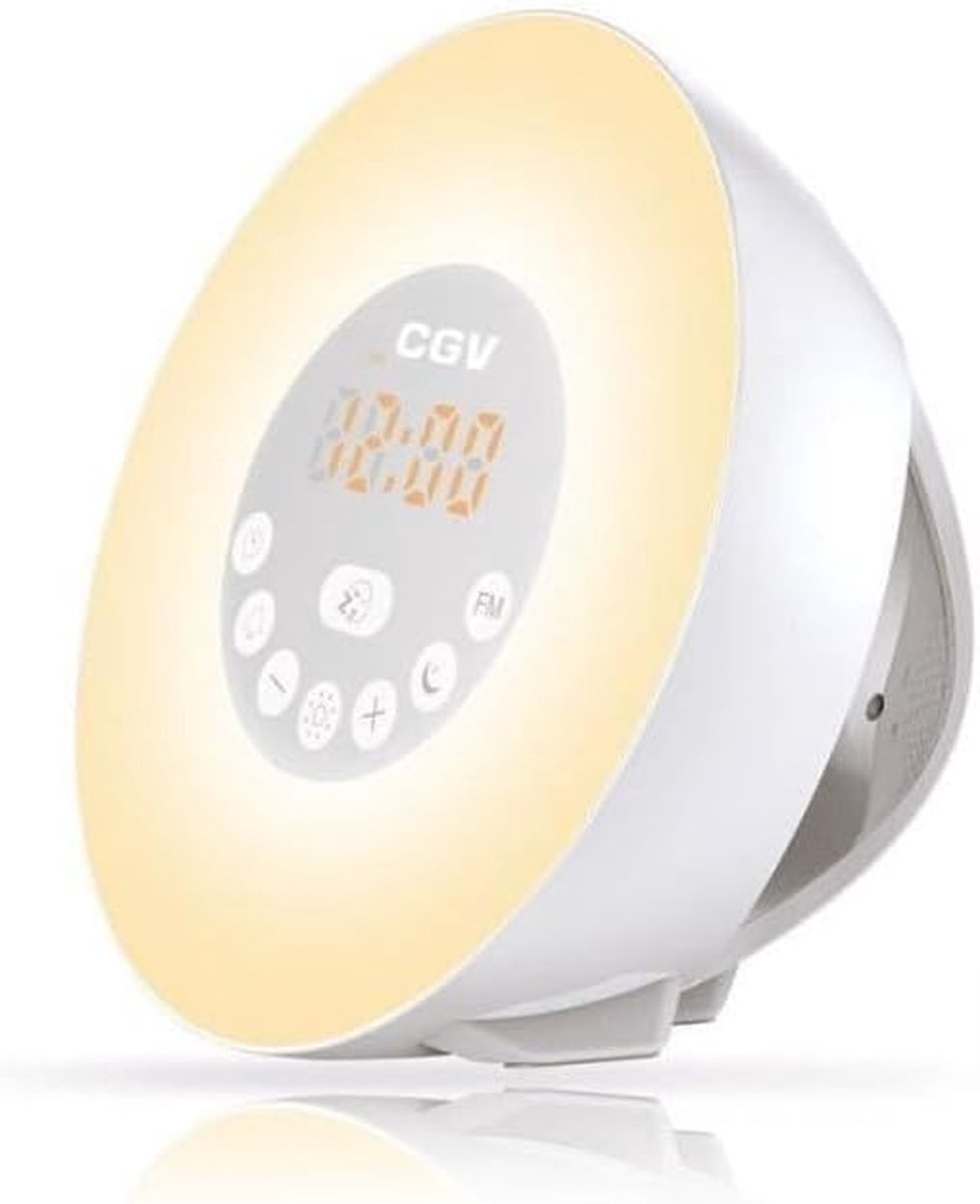 SnelShoppen - FM Alarm Clock Radio met Zonsopgang en Dusk Simulator, 6 Mood Lighting, USB Oplaadpoort, Batterij of Netstroom, Ideaal voor Slaapkamer e