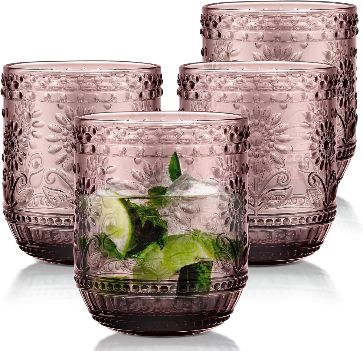 SnelShoppen - Set van 4 Kleurvolle Waterglazen 360 ml - Stapelbare Paarse Drinkbekers met Vintage Bloem Motief - Perfect voor Sap, Drankjes, Bier, Coc