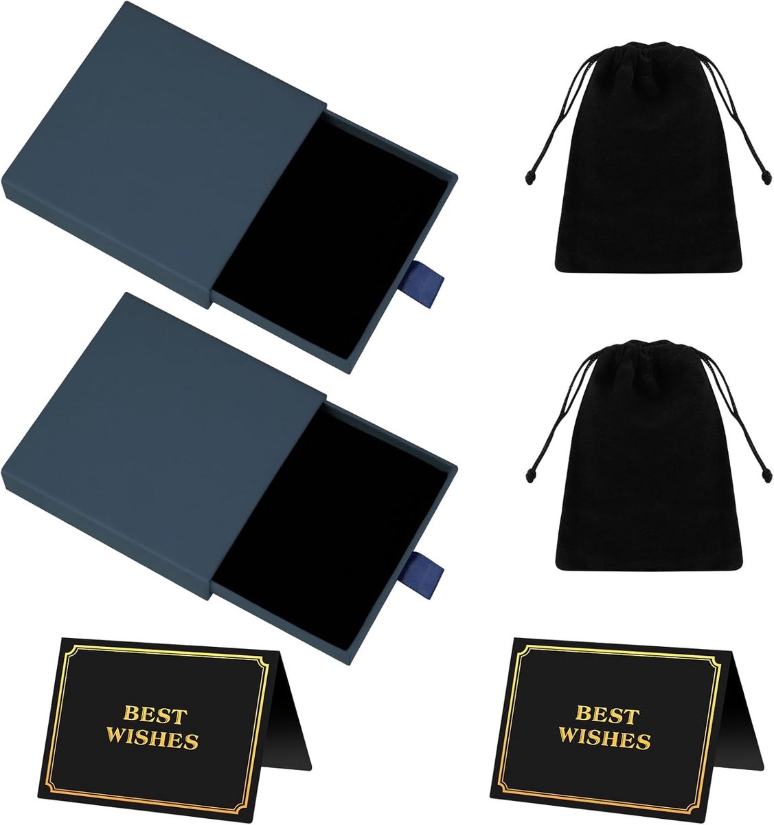 SnelShoppen - Set van 2 Luxe Papieren Sieraden Dozen voor Armbanden, Kettingen, Oorbellen en Ringen - Blauwe Gift Box met Velvet Zakjes en Wenskaarten