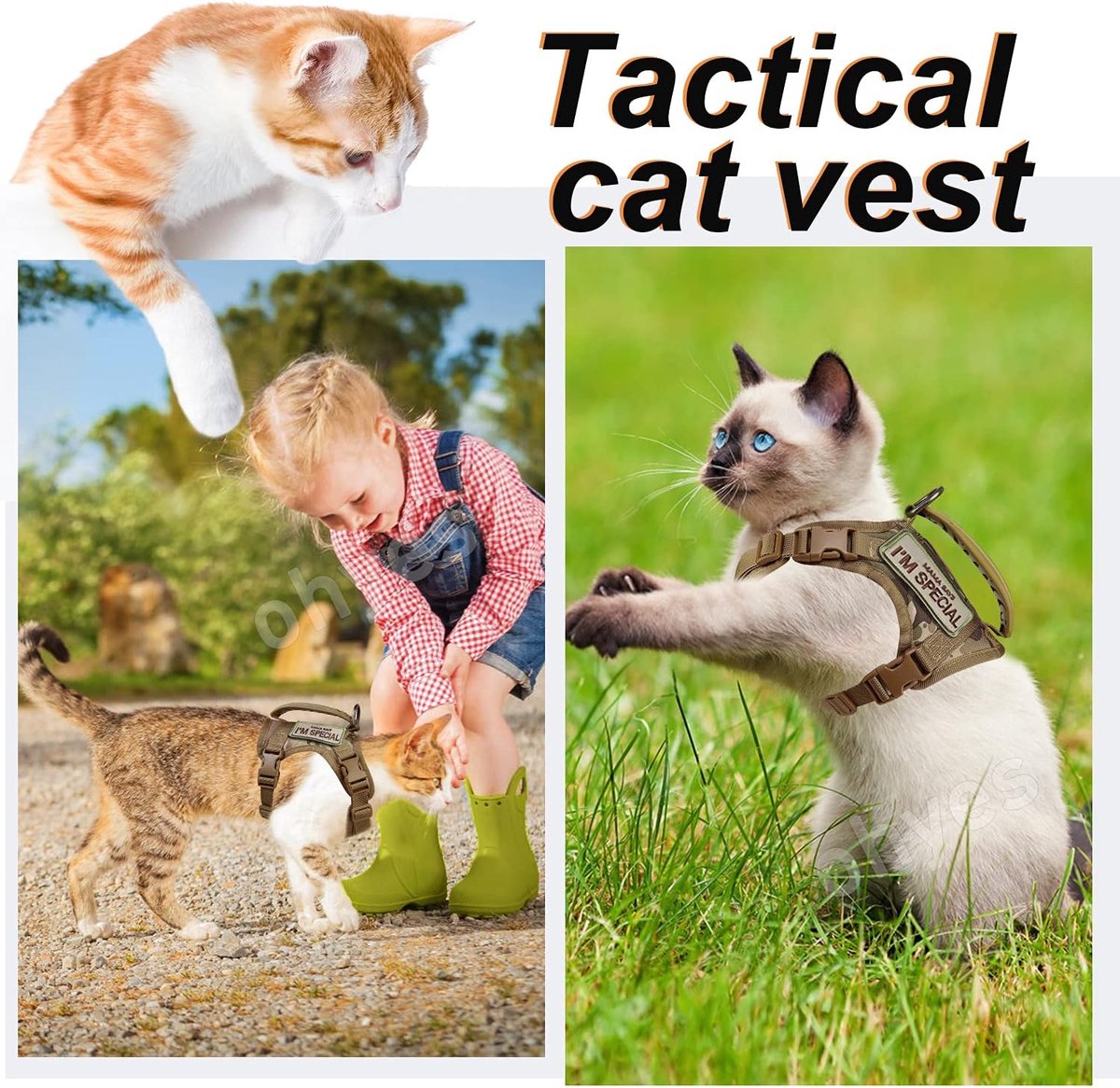 SnelShoppen - Tactical Cat Harness voor Wandelen, Ontsnappingsproof, Verstelbare Zachte Mesh Huisdierharnas voor Grote Katten en Kleine Honden (L, Kha