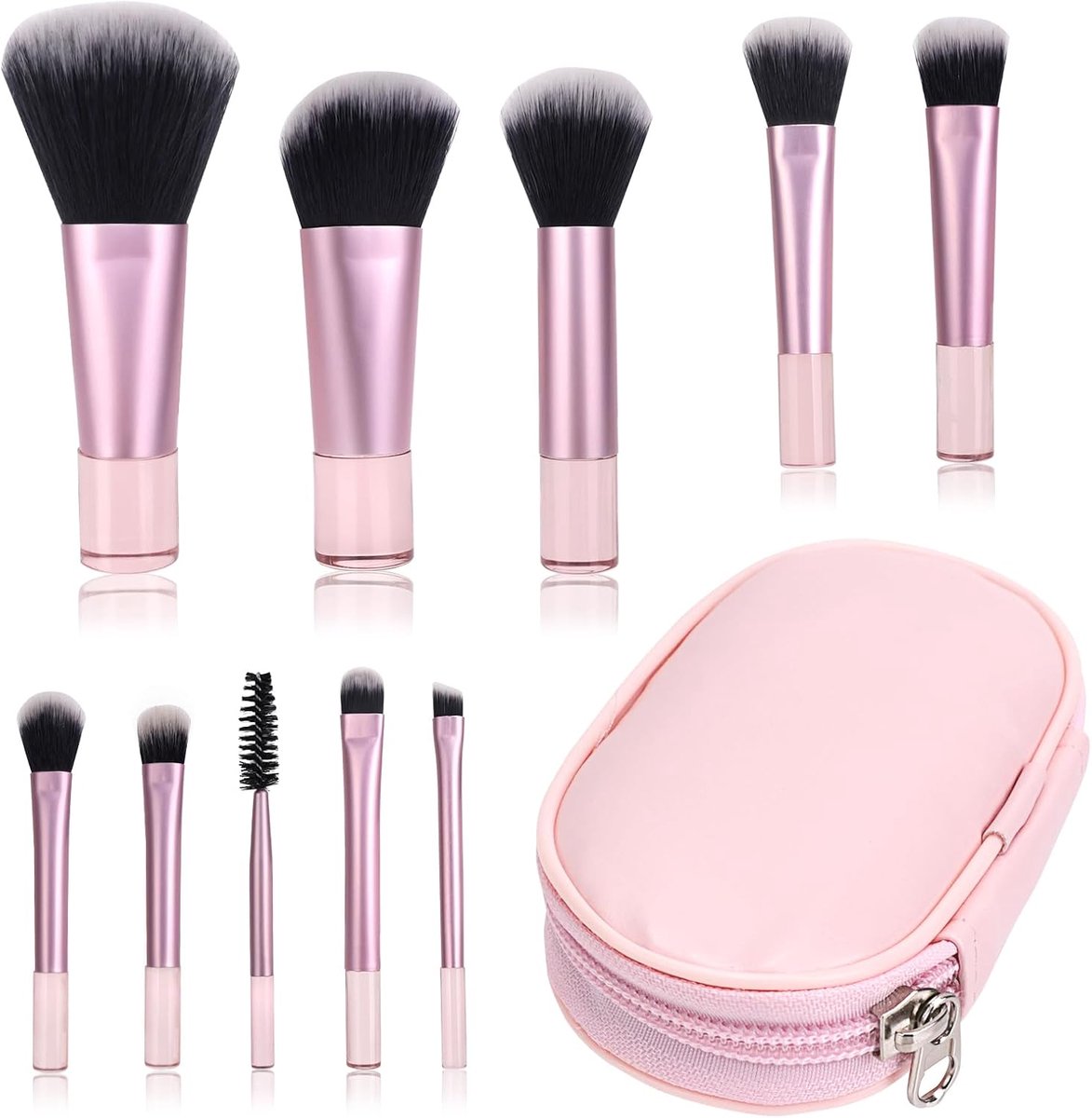 SnelShoppen - Pack van 10 Reis Make-up Penselen, Mini Make-up Borstels met PU Tas, Professionele Make-up Set in Roze, Perfect voor Thuis en Op Reis
