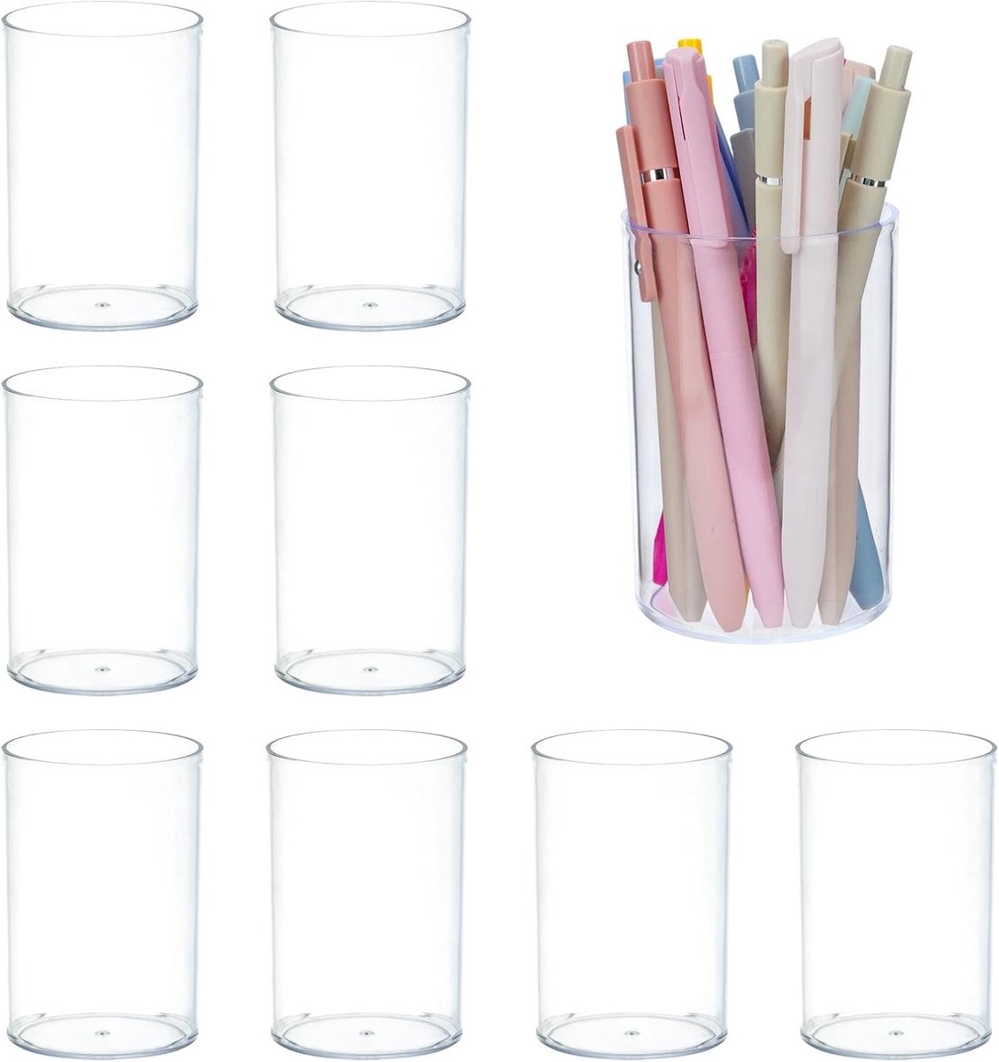 SnelShoppen - 9 Stuks Acryl Pen Houder Set, Transparante Ronde Pennen Pot voor Bureau, Makeup Kwasten Houder, Stationery Organizer voor Thuis, Kantoor