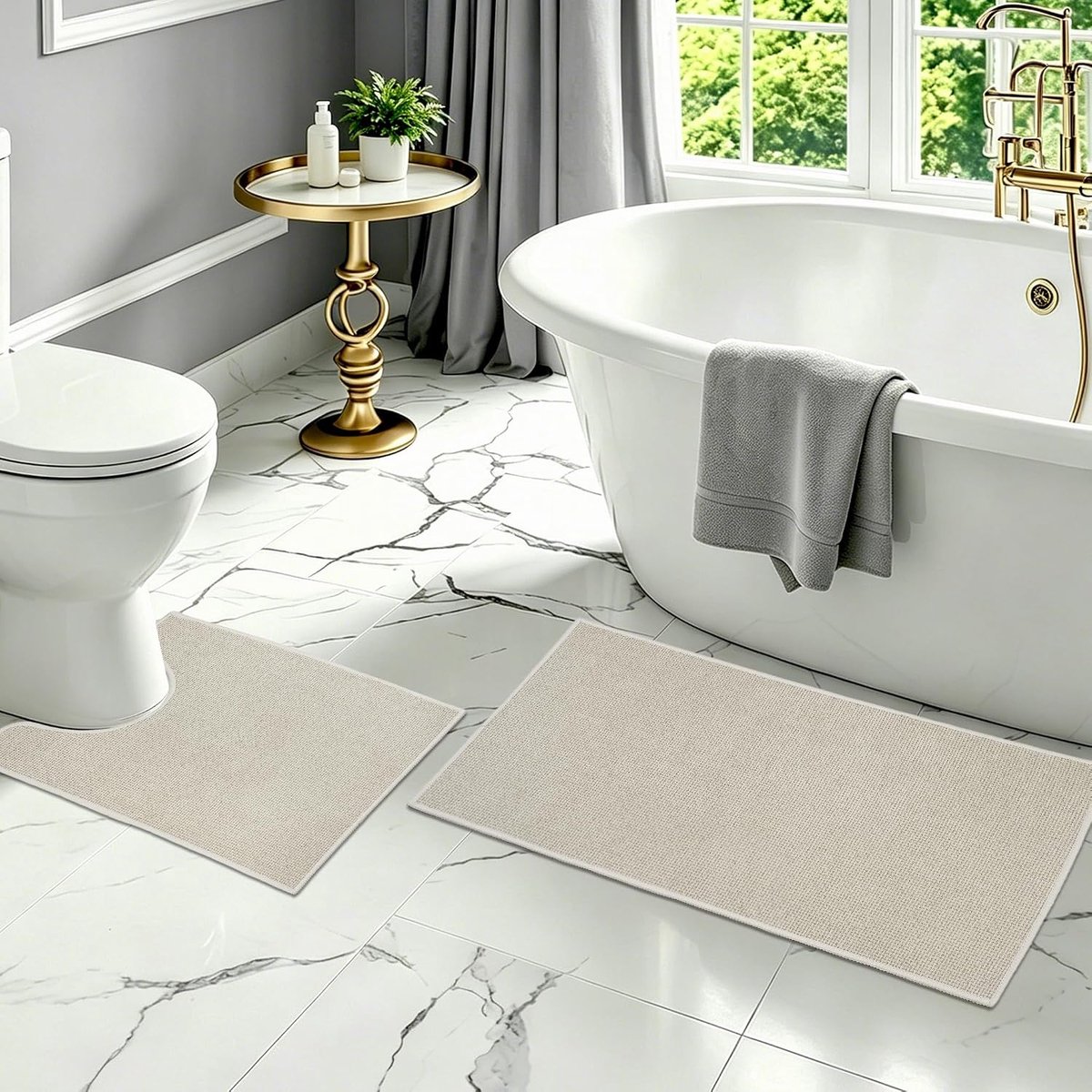 SnelShoppen - Badkamermatset 2-delig, Dun en Absorberend, Antislip, Wasbaar, Badmat en U-vorm WC-mat met Rubber, Beige Grijs voor Badkamer, Toilet en