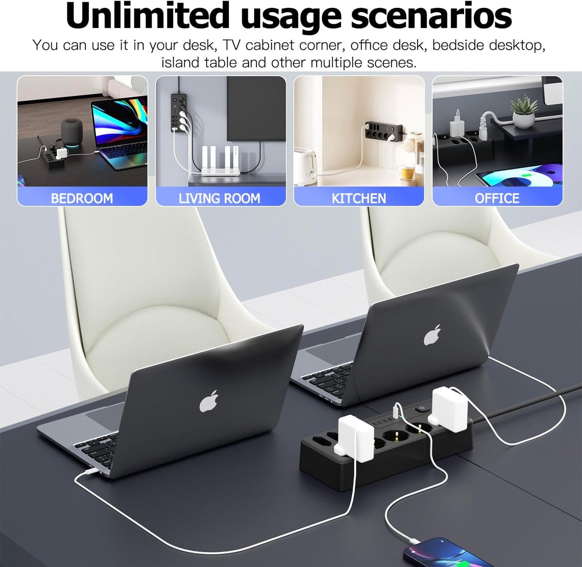 SnelShoppen - Power Strip 9-Way met 1 USB A en 5 Type C Opladers, 2.8 m Snoer, Meerdere Stopcontacten met Schakelaar en Overspanningsbeveiliging, Idea