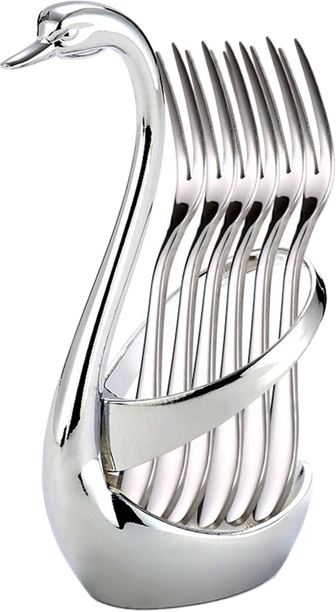 SnelShoppen - Stainless Steel Fruit Forks Set - 6 Stuks - Met Opslagrek - Ideaal voor Cake, Salade, Cocktail, Dessert, Marshmallow en Taart - Hoogwaar