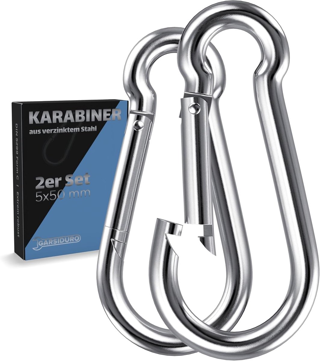 SnelShoppen - Carabiner Haak 2 Stuks 5x50 mm | Verzinkt Staal DIN 5299 C | Veiligheidshaak voor Sleutels, Kamperen, Buiten, Schommels, Zonnescherm, To