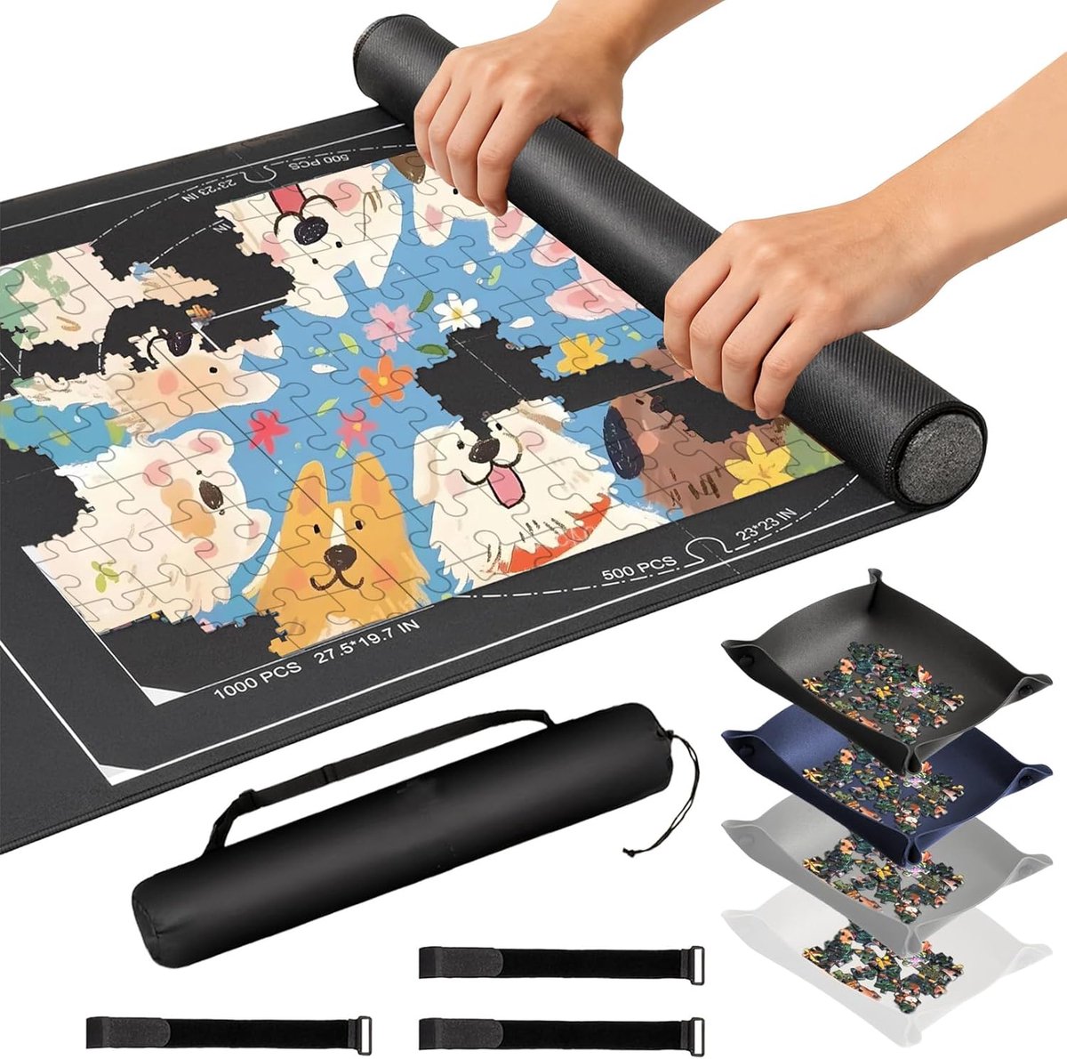 SnelShoppen - Puzzle Mat tot 1500 Stukjes, Non-Slip Puzzelmat met Sorteercompartimenten en Opbergtas, Duurzaam Polyester voor Puzzelen Thuis of Onderw