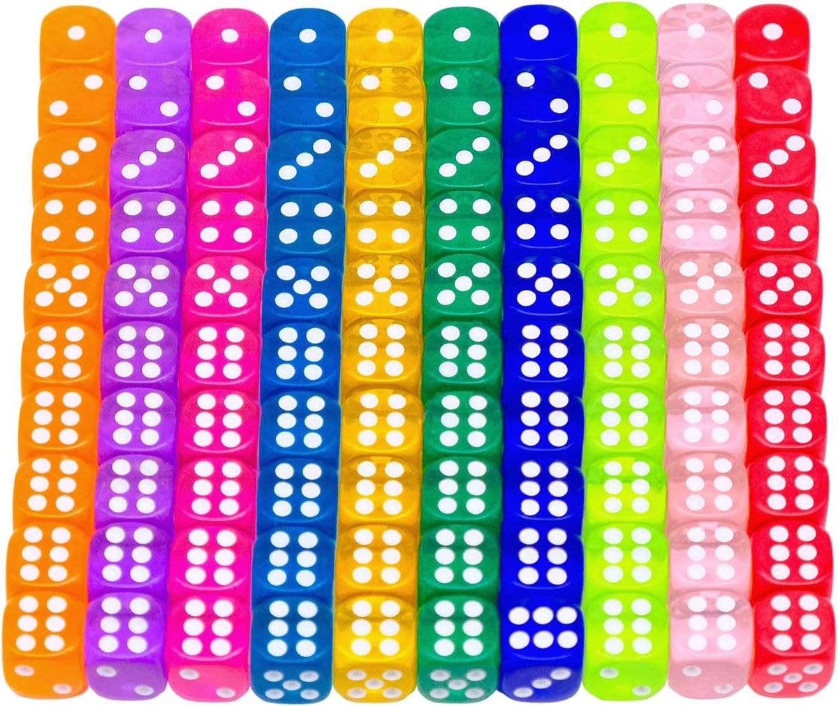 SnelShoppen - Set van 100 Kleurrijke 6-Zijdige Dobbelstenen, 12mm Acryl Speel Dobbelstenen, Multicolor, Ideaal voor Spelletjes, Tafelspellen, Feest en