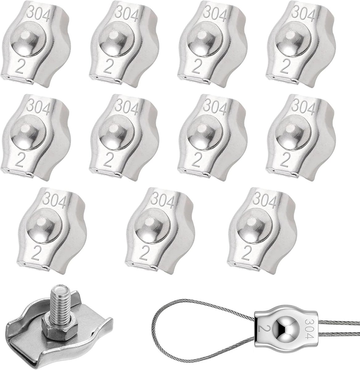 SnelShoppen - 12-delige set M2-draadkabelklemmen van roestvrij staal - Kabelklemmen voor 2 mm staalkabels - Duurzaam en corrosiebestendig - Ideaal voo