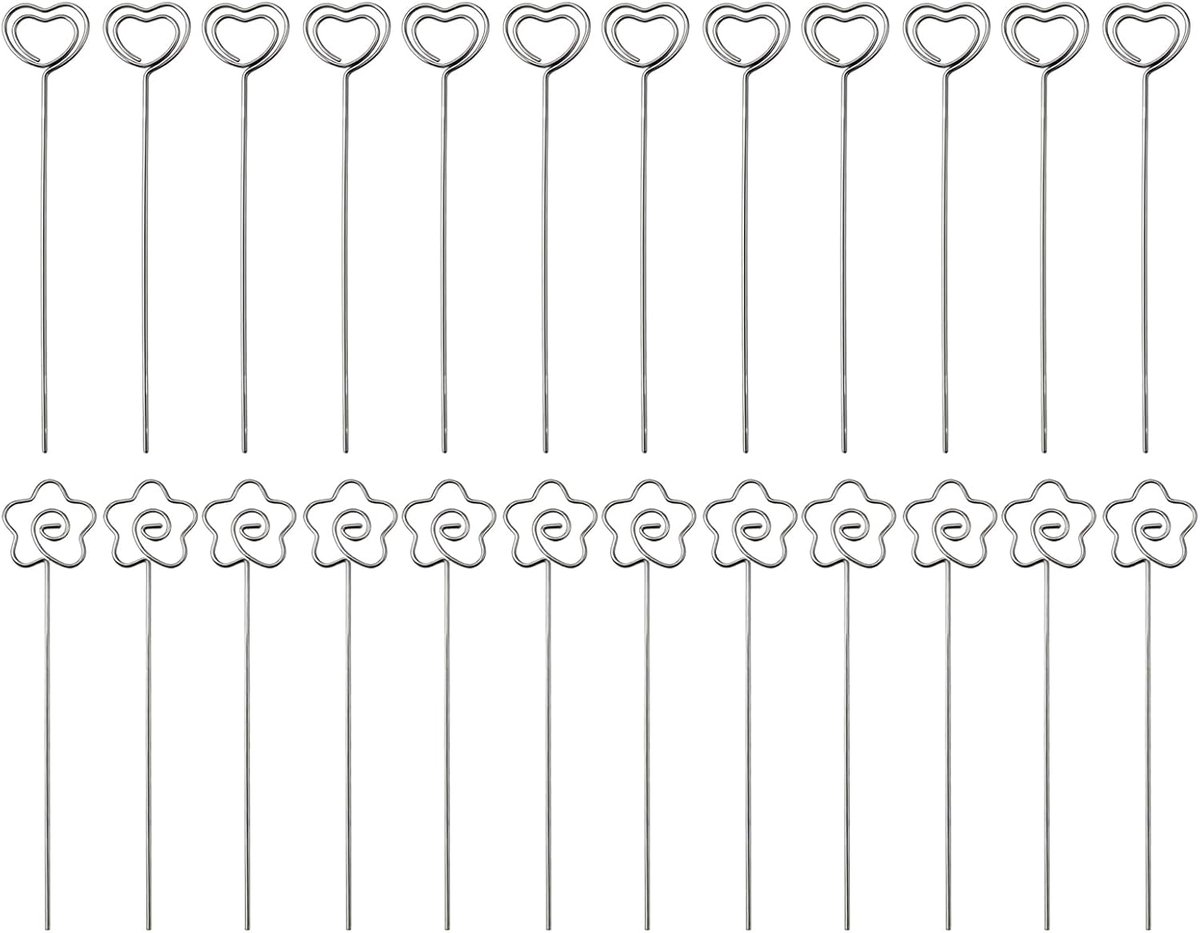 SnelShoppen - 24 Stuks Memoclipset - Zilveren Metalen Fotokaarthouders - Hartvormige Tafelnummerhouder - Bloemendisplaystandaard voor Feesten, Bruilof