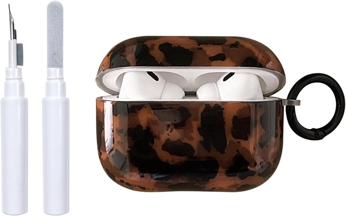 SnelShoppen - AirPods Pro 3 Case met Schoonmaakset, Schokbestendig Sleutelhanger Hoesje, Zacht Mobiele Telefoon Hoesje met Schattig Amber Bruin Patroo