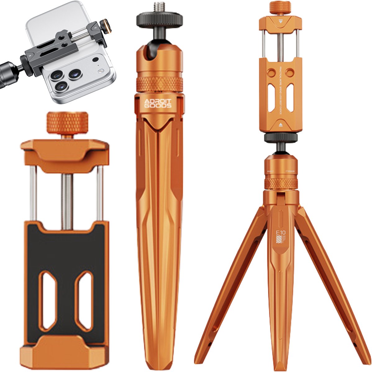 AdroitGoods E10 Multifunctionele Telefoonhouder & Mini Statief – Aluminium Selfie Stick & Tripod 360° Verstelbaar - Oranje