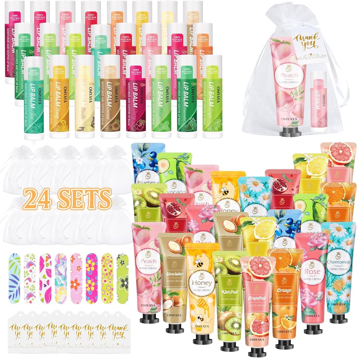 SnelShoppen - 24 Sets Handcrème en Lipbalsem, 120 Stuks Kerstcadeaus met Mini Nagelvijlen, Organza Tassen en Bedankkaarten, Perfecte Gastencadeaus voo