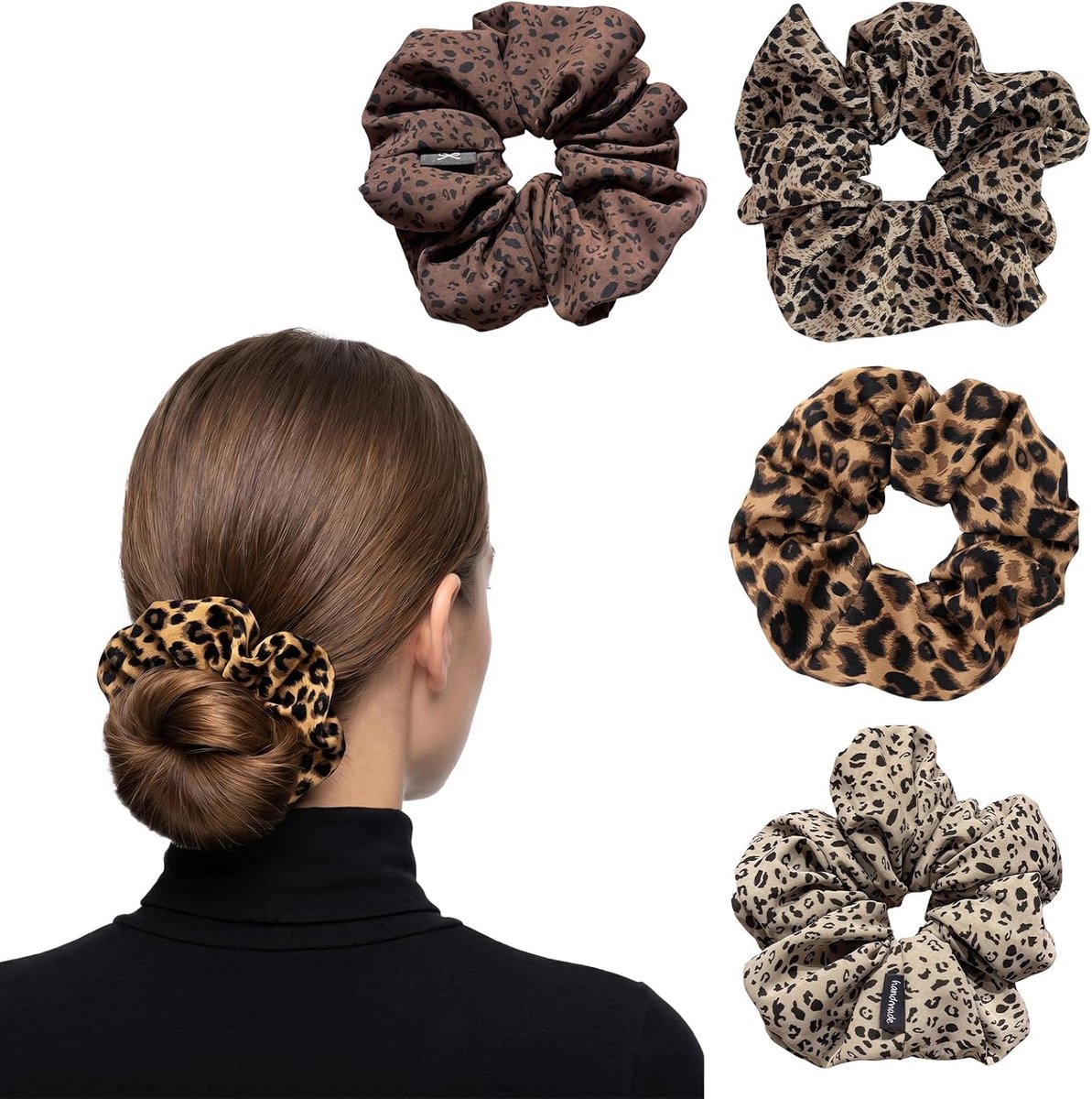 SnelShoppen - Set van 4 XL haarelastiekjes voor dames - Luipaard satijnen scrunchies, elastisch, trendy haaraccessoires voor paardenstaart en knot, br