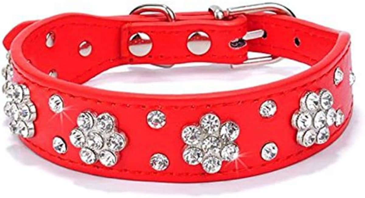 SnelShoppen - Rhinestone Kattenhalsband - Schattige Bloem Bling Halsband van PU Leer - Verstelbaar voor Kleine, Middelgrote en Grote Katten - Rood (L)