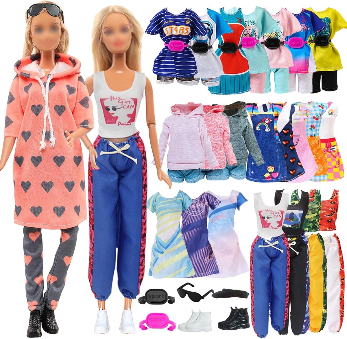 SnelShoppen - 18-delige Kledingset voor 11.5 inch Poppen, Sportieve Stijl, Inclusief Sweater, Jurken, Sportkleding, Sneakers en Accessoires voor Kinde
