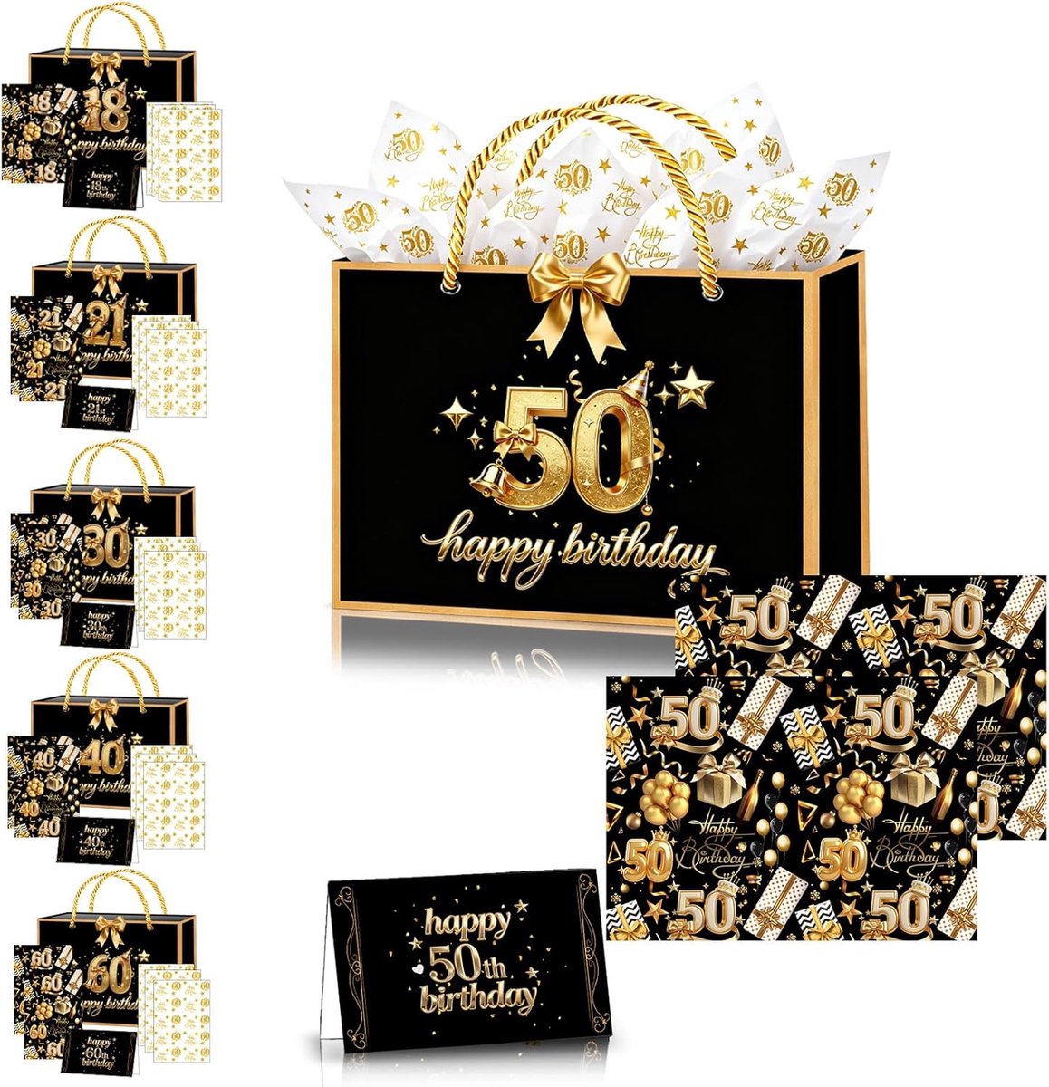 SnelShoppen - Luxe Zwarte Gouden Cadeauzak 50ste Verjaardag Mannen Vrouwen, Papier Cadeauverpakking met Strik, Tissue Papier, Wenskaarten voor Feestel
