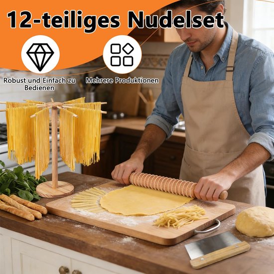 SnelShoppen - 12-delige Handmatige Pastamaker Set, Multifunctionele Pasta Gereedschap Set met Droogrek, Gnocchi Bord, Ravioli Stempel, Snijders, Deegs van Snelshoppen — afbeelding 5