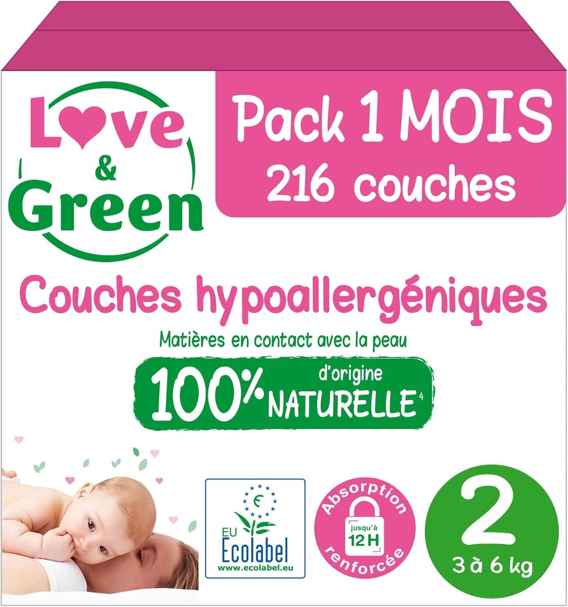 SnelShoppen - Ecologische Luiers voor Baby's - Love & Green - 100% Natuurlijk - Zonder Petroleum, Kleurstoffen of Geuren - Ultra Zacht en Ademend - 30
