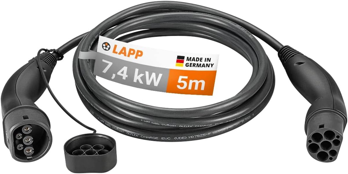 SnelShoppen - Type 2 Oplaadkabel 7.4 kW voor Elektrische Auto's - 32A 1-Fase Mobiele Laadkabel met Ergonomische Handgreep - 5 Meter Zwart - Ideaal voo