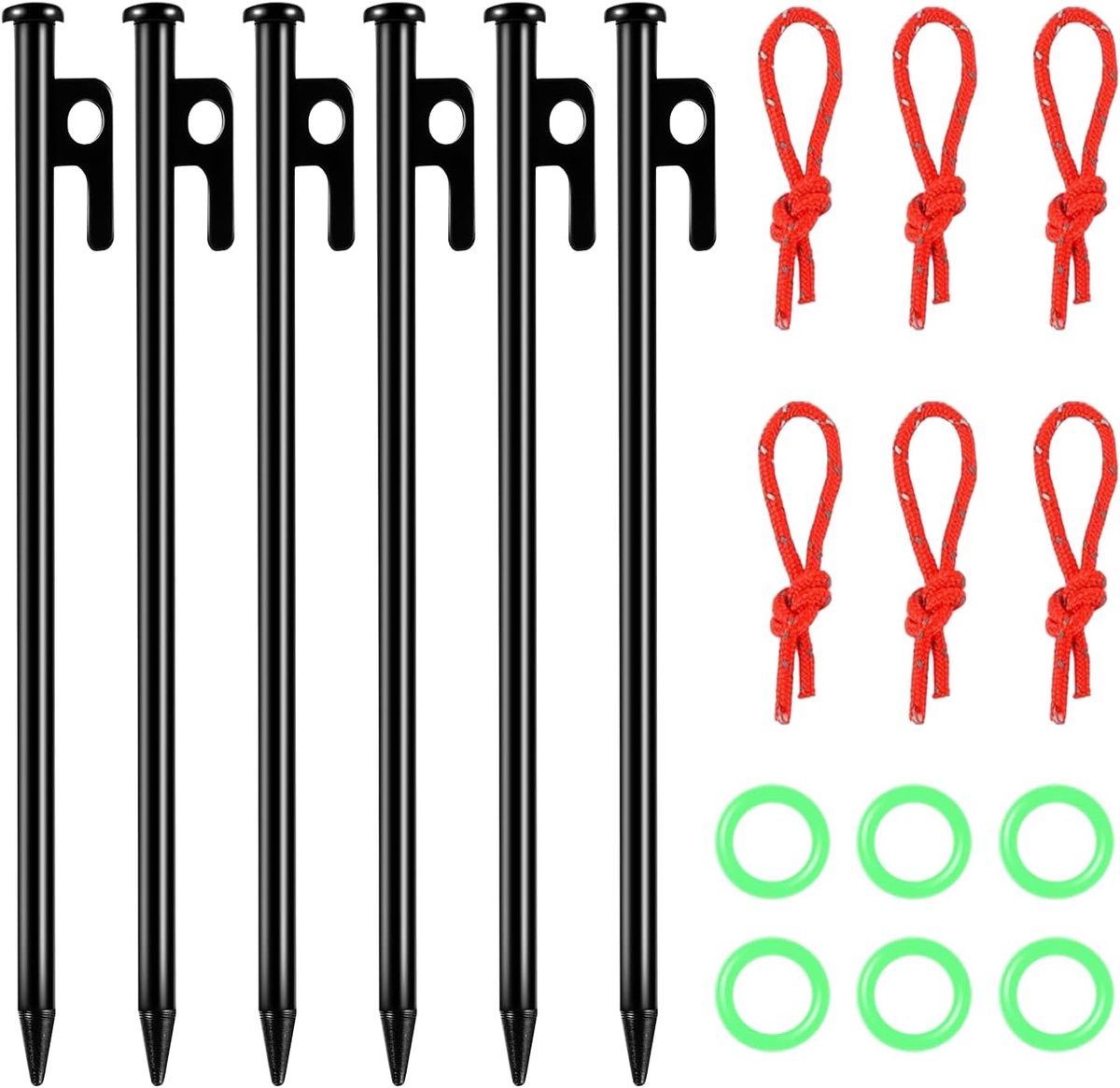 SnelShoppen - 8 stuks Tentharingen, Haringen, Stevig, Met Haak en Gat, Stormbestendig, Reflecterende Touwen, 25 cm, Voor Kamperen, Outdoor, Wandelen