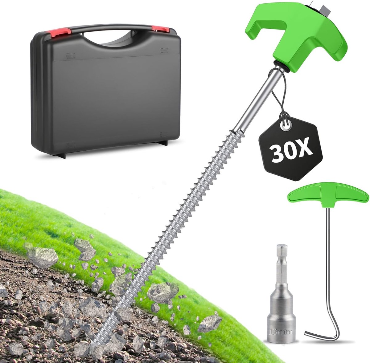 SnelShoppen - 30 Stuks Stalen Tentpinnen met Doos - 25cm Grondpinnen met Tip en Nagelpunt - Sterke Tentpinnen voor Hardere Grond, Bossen, Tuinen - Gro