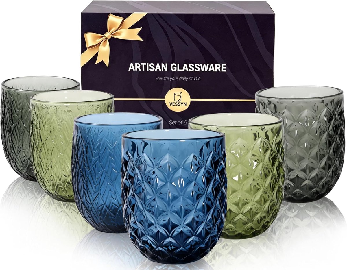SnelShoppen - Set van 6 Gekleurde Drinkglazen 370 ml - Grote Waterbekers in Modern Natuur Design - Vervaardigd uit Stevig Glas - Geschikt voor Sap, Co