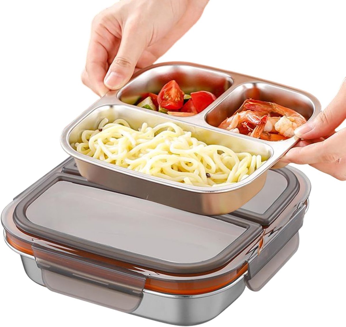 VHV - Lunchbox - Lunchbox kinderen - RVS snackdoosjes met 3 vakken - Bento box - 600 ml- Vaatwasserbestendig - Voor school en kantoor - Set van 1 - Versie met zwart deksel