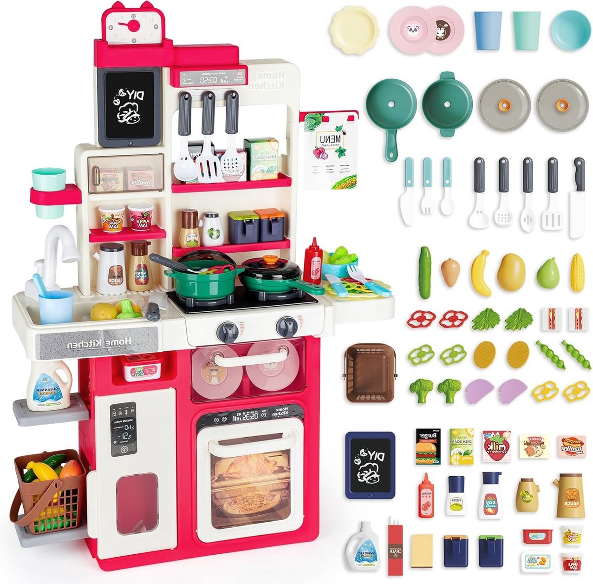 Speelkeuken voor Kinderen met Licht en Geluid, Inclusief Koelkast, Afwasmachine, Fornuis,