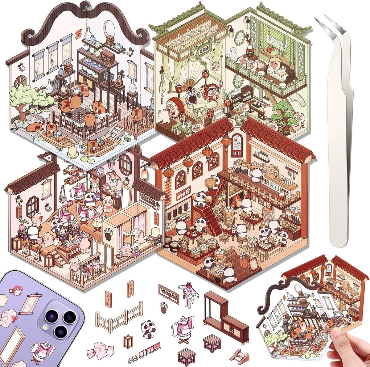 4 sets DIY 3D muurstickers voor creatieve projecten, schattige scènes voor supermarkt, koffiehuis en restaurant, perfect voor ontspanning en decoratie