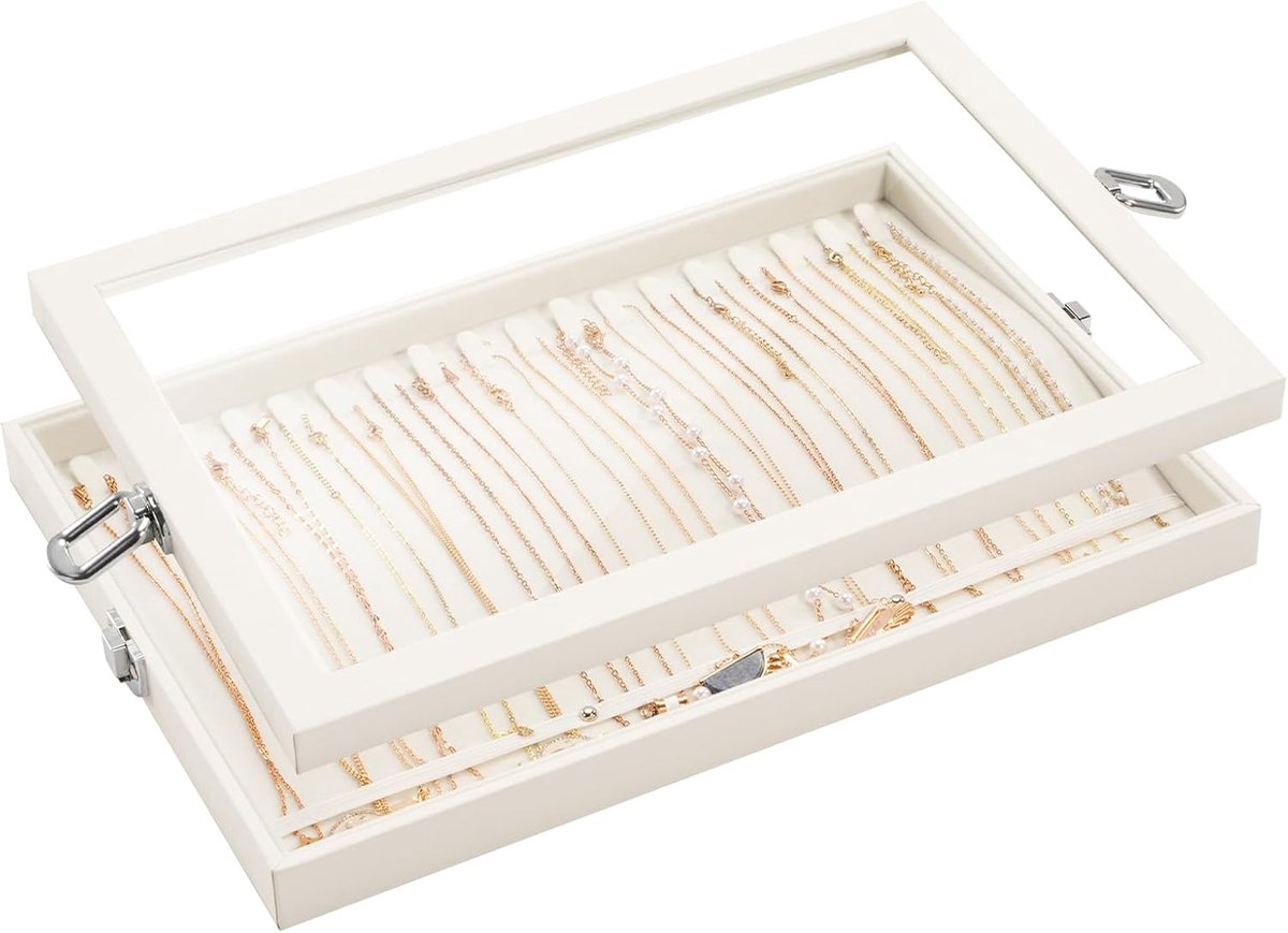 SnelShoppen - Luxe Beige Velours Sieraden Organizer met Afdekking, 18 Haakjes voor Kettingen, 35 Compartimenten voor Oorbellen, 100 Compartimenten voo