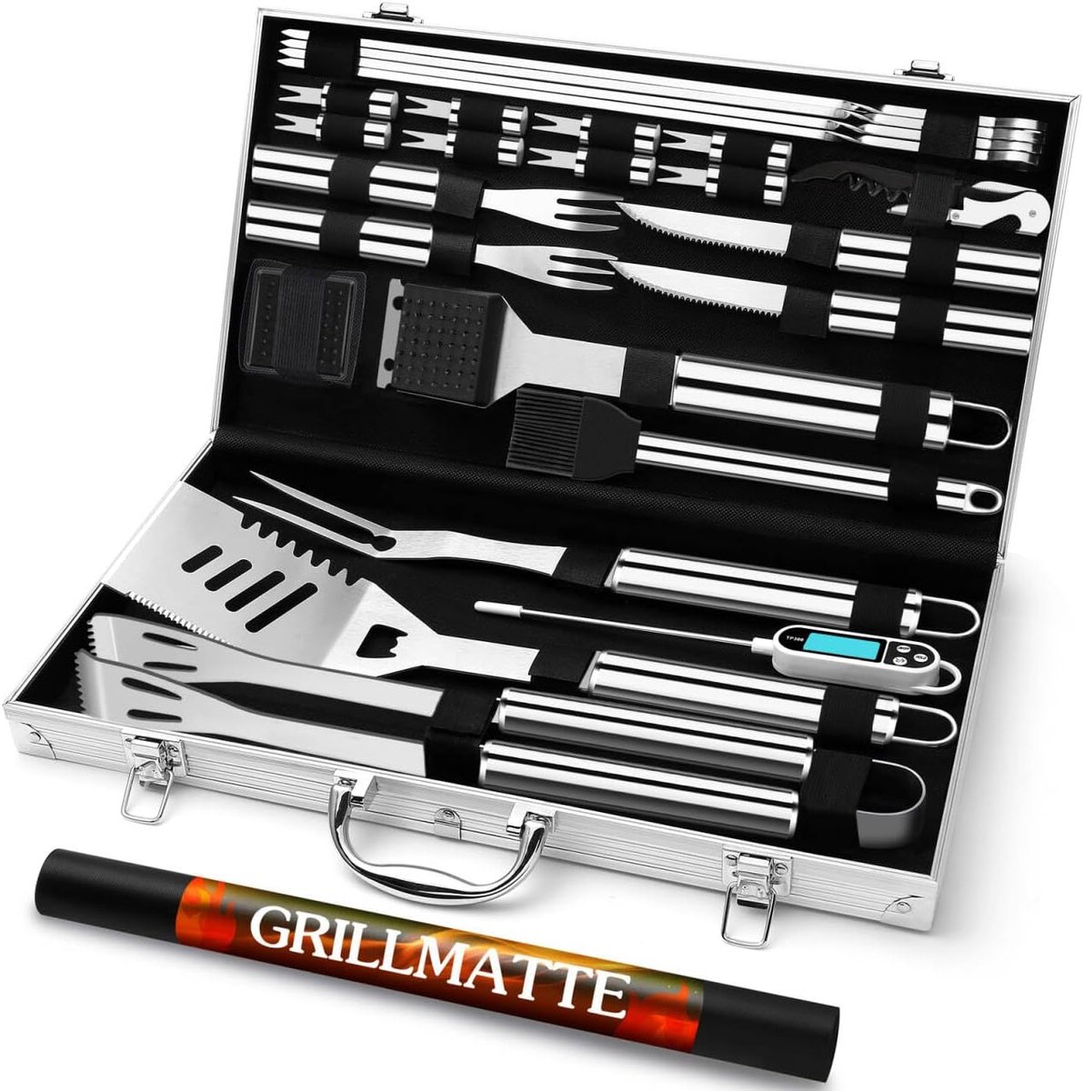 Thijox - Grilliance Barbecue-accessoires Set 26 Stuks - Hoogwaardige Roestvrijstalen BBQ-gereedschappen met Draagbare Opbergkoffer, Vleesthermometer,