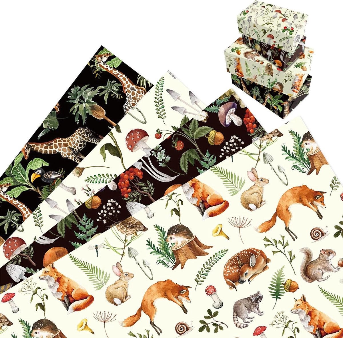 SnelShoppen - Cadeaupapier 12 vellen met paddenstoelmotief, natuur thema, 4 verschillende ontwerpen, perfect voor jongens en meisjes, 68 x 50 cm, fees