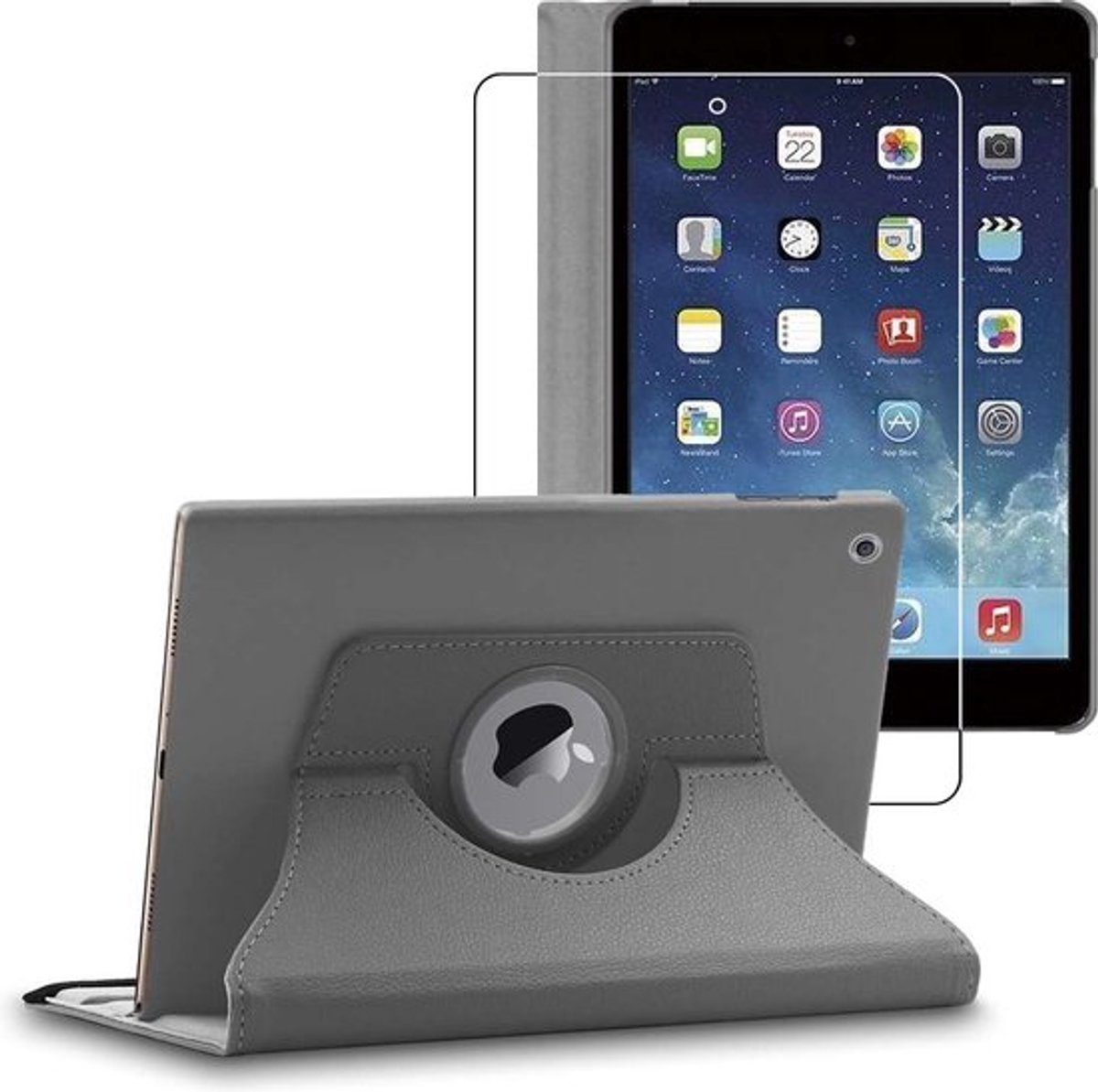 ebestStar - Hoes geschikt voor iPad Mini 1/2/3 Apple, Roterende Etui, Case, 360° Draaibaar hoesje, Grijs + Gehard Glas