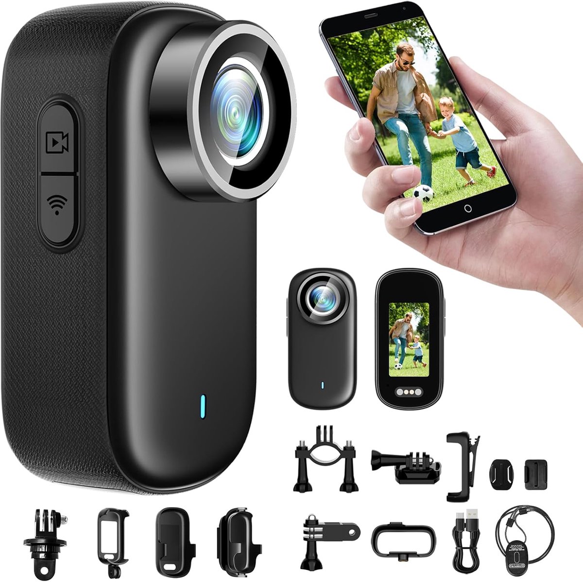 SnelShoppen - Action Cam 4K WiFi Draagbare Actiecamera met 1.47 Inch Scherm, 150° Groothoek, Waterdichte Mini Camera voor Vloggen, Motorfiets, Buitena