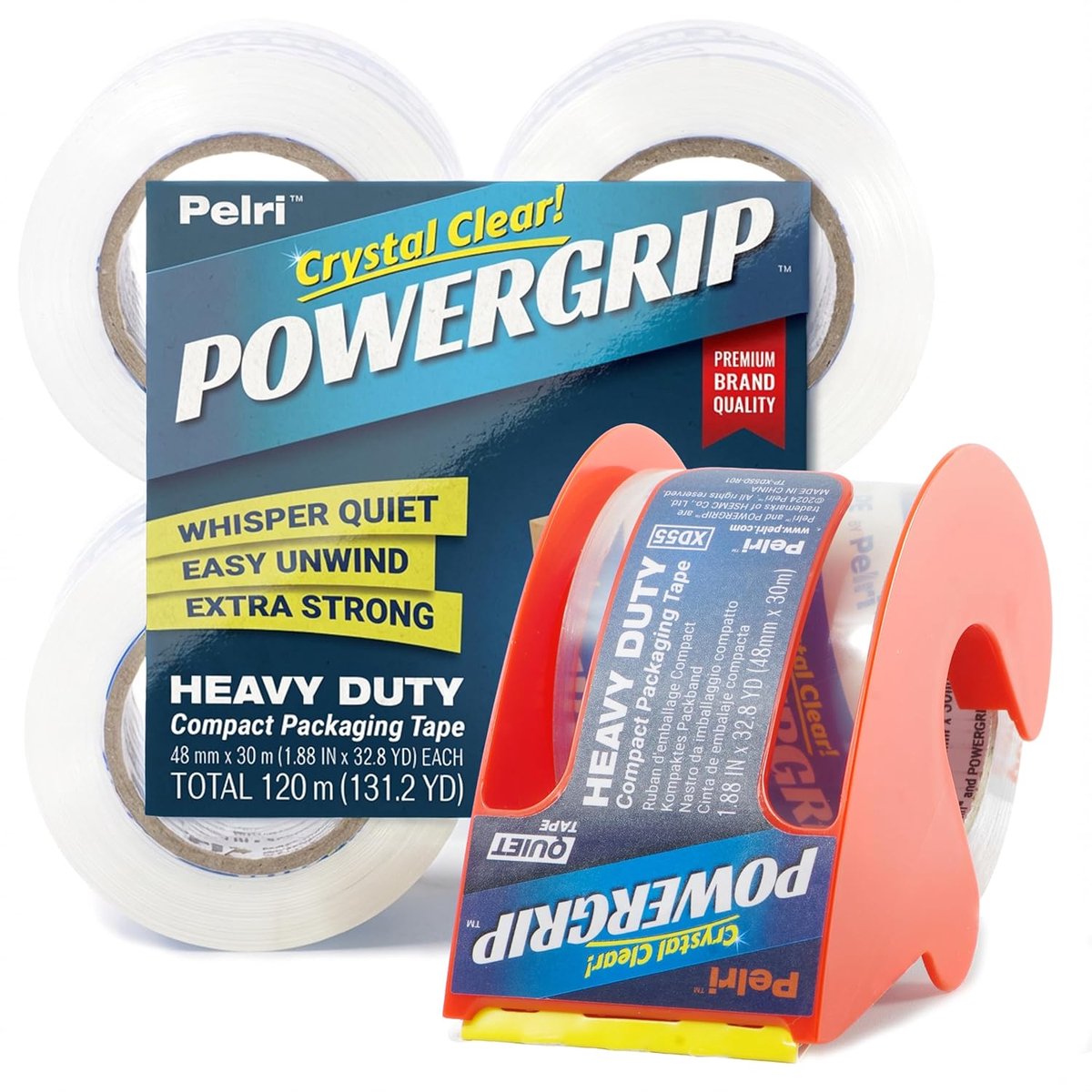 SnelShoppen - POWERGRIP MINI Verpakkingstape - 4 Rollen met Dispenser, 120 m (30 m x 48 mm), Transparant, Stil, Sterke Hechting, Ideaal voor Kantoor e