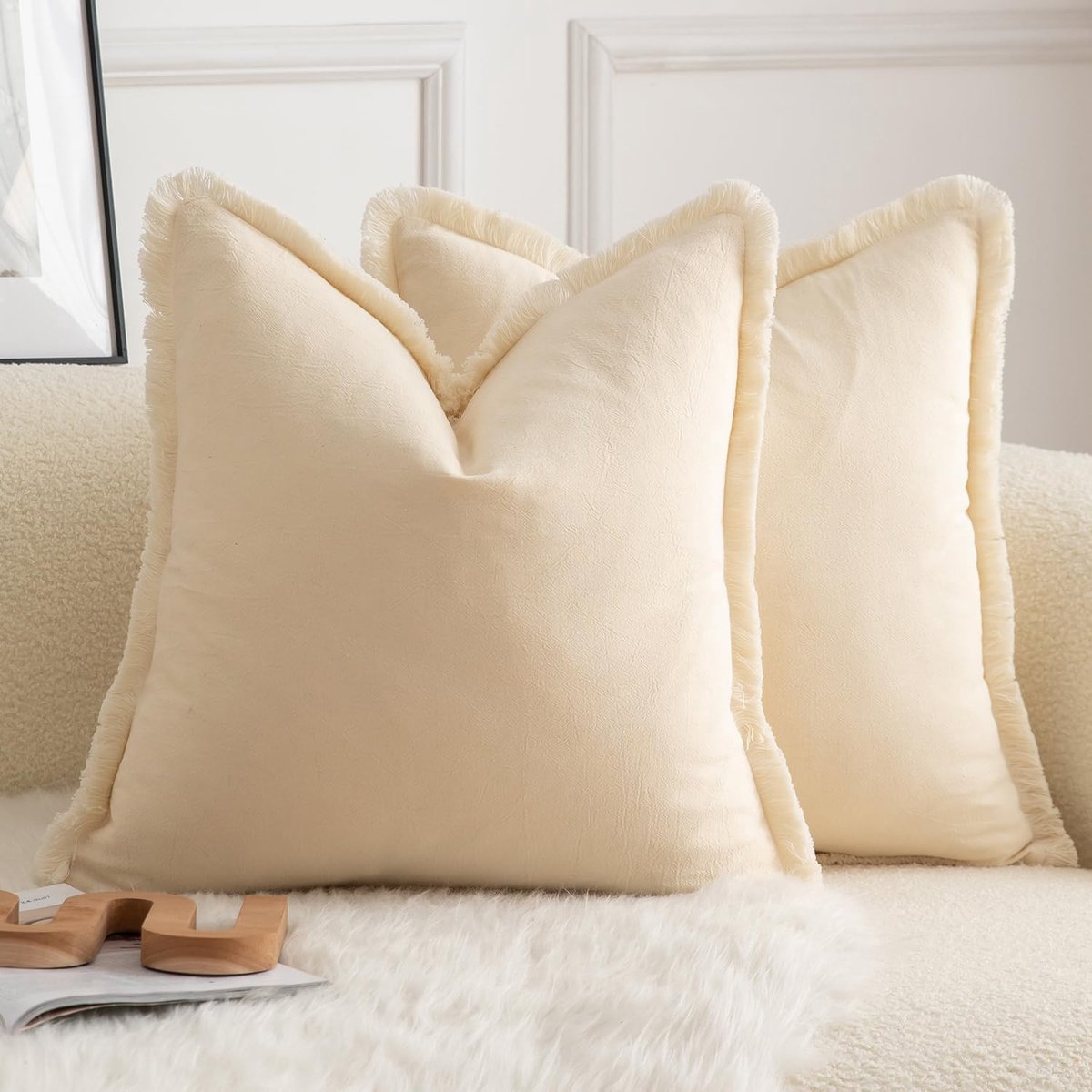 SnelShoppen - Set van 2 Neutrale Katoenen Kussenslopen 45x45 cm 18x18 Inch Boho Farmhouse Decoratieve Kussens met Franje, Cozy Tassels voor Sofa, Bank