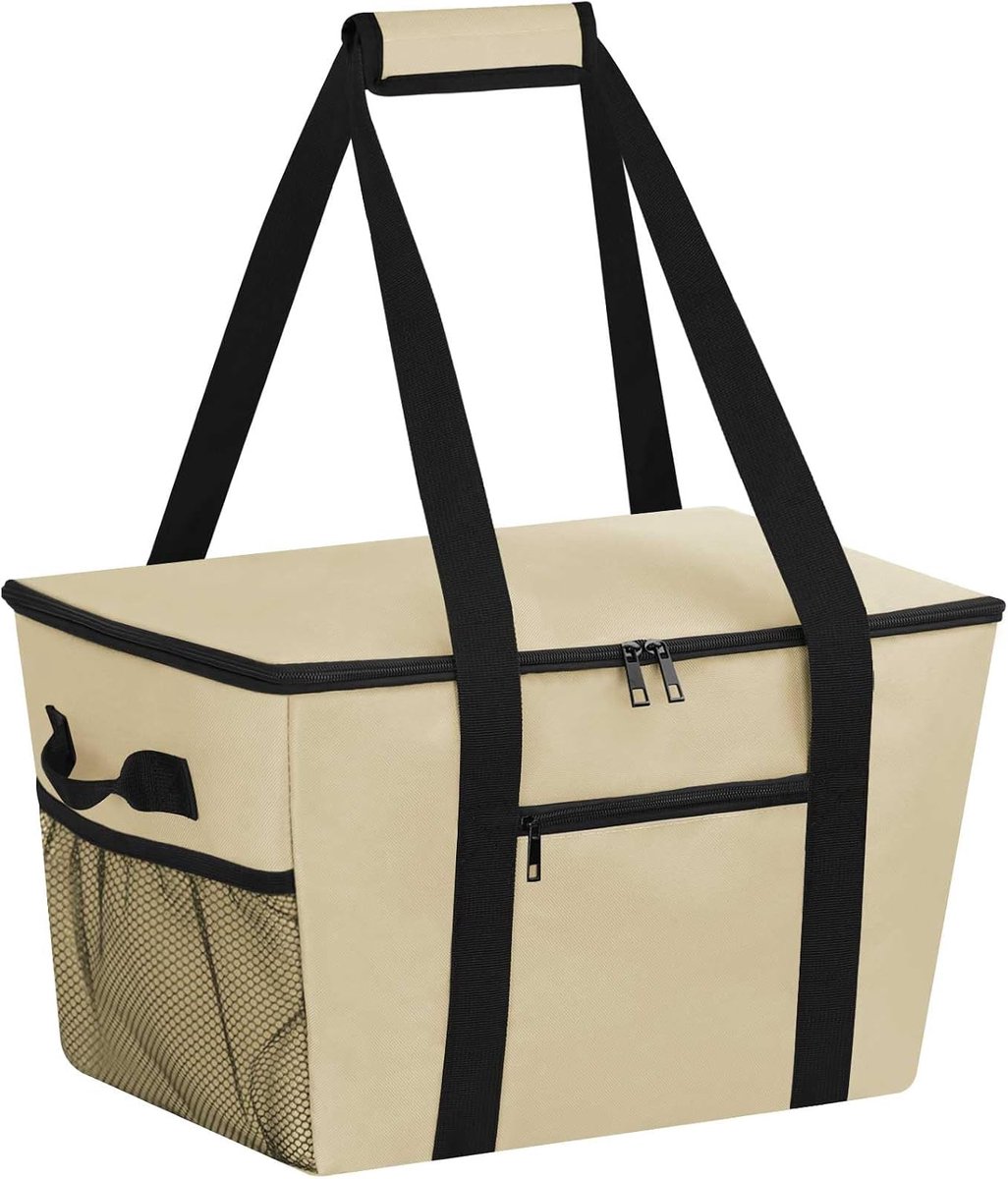 SnelShoppen - Grote Cooler Bag van Hoogwaardige Polyester, Vouwbare Thermische Tas met Harde Bodem, Ideaal voor Picknicks, Winkelen en Reizen, Beige,