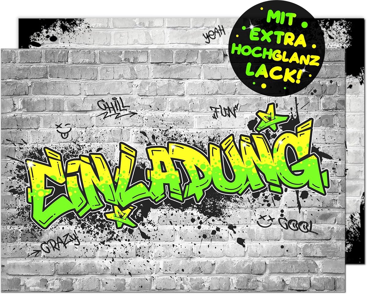 SnelShoppen - 12 x Graffiti Uitnodigingskaarten voor Kinderfeestje - Kleurrijke en Unieke Party Cards voor Jongens en Meisjes - Perfect voor Verjaarda
