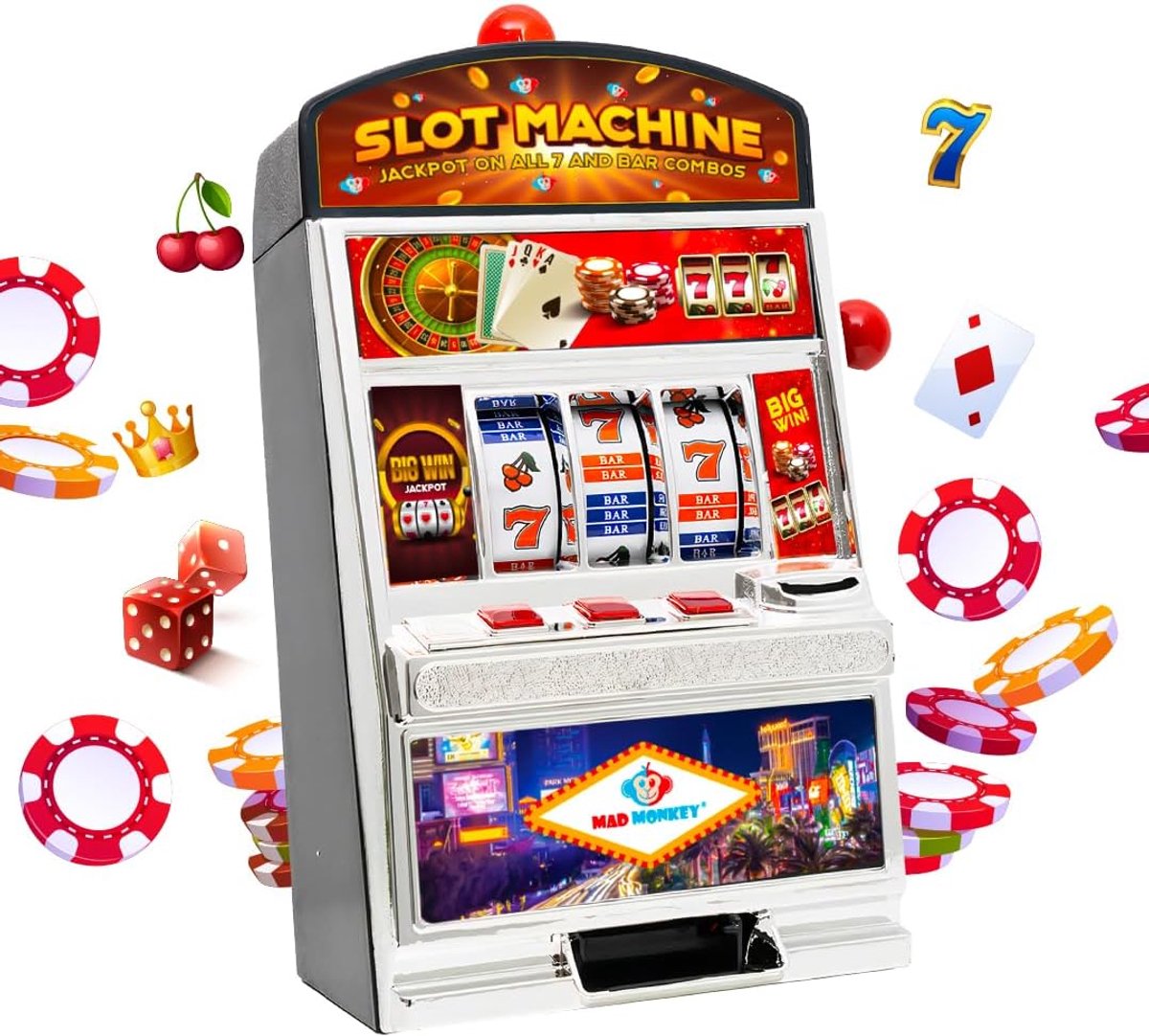 SnelShoppen - Mad Monkey Slot Machine Money Box XL, Slot Machine met Licht en Geluid, Spaarpot voor Kinderen en Volwassenen, One-Armed Bandit voor Fee