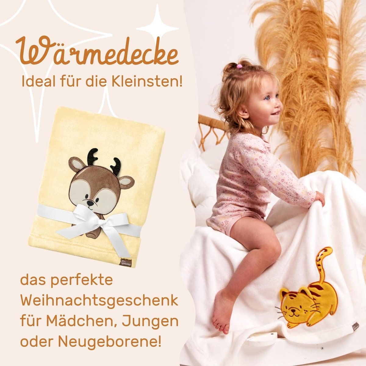 SnelShoppen - Warm Kinderdeken - Hypoallergene Microfiber - Cuddle Gift voor Kinderen met 3D Applicatie - Geel - Hert - Ideaal voor Herfst en Winter