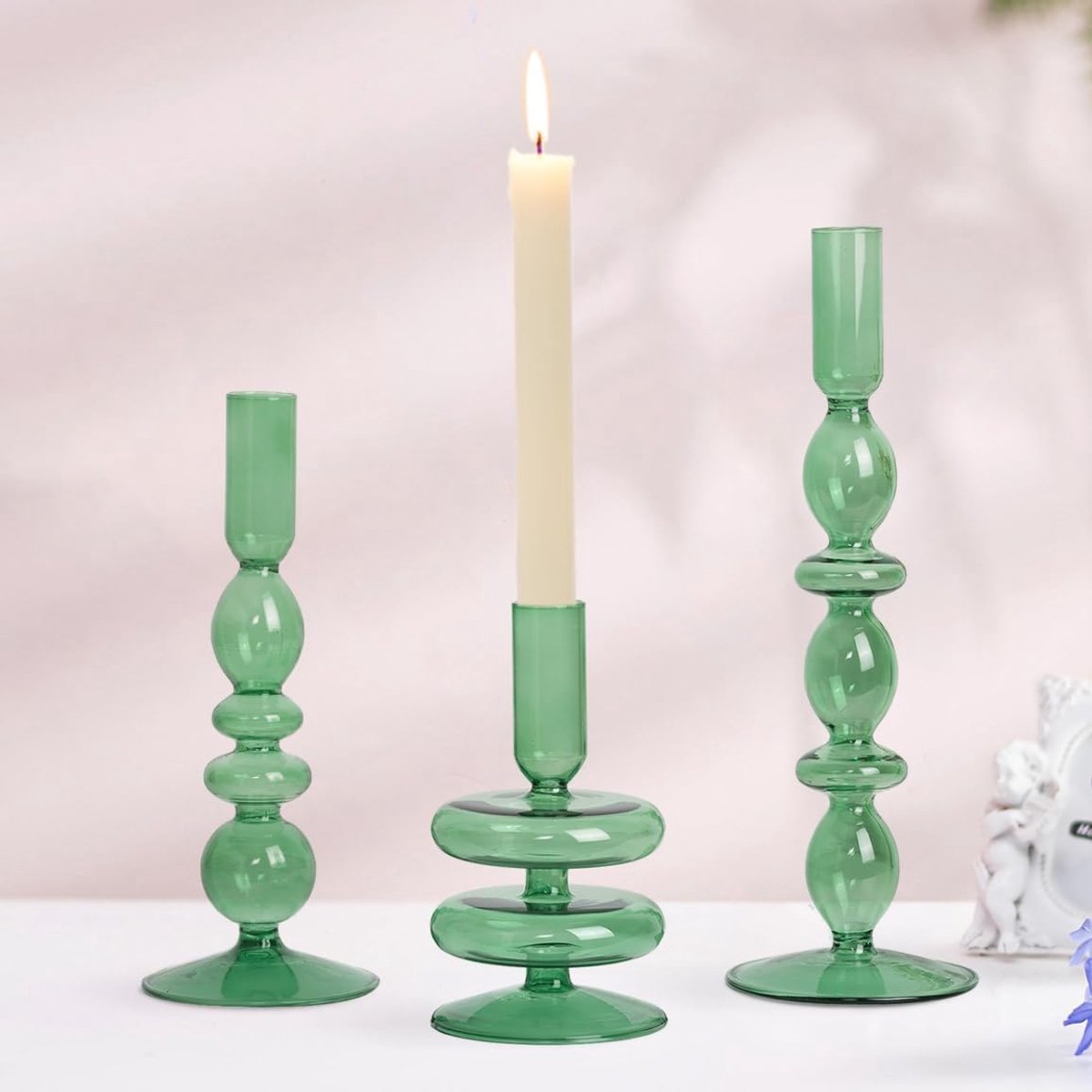 SnelShoppen - Glazen Kandelaar Set van 3 - Elegante Groene Kaarsenhouders voor Taper Kaarsen - Diverse Hoogtes, Ideaal voor Kerstdiner en Tafeldecorat