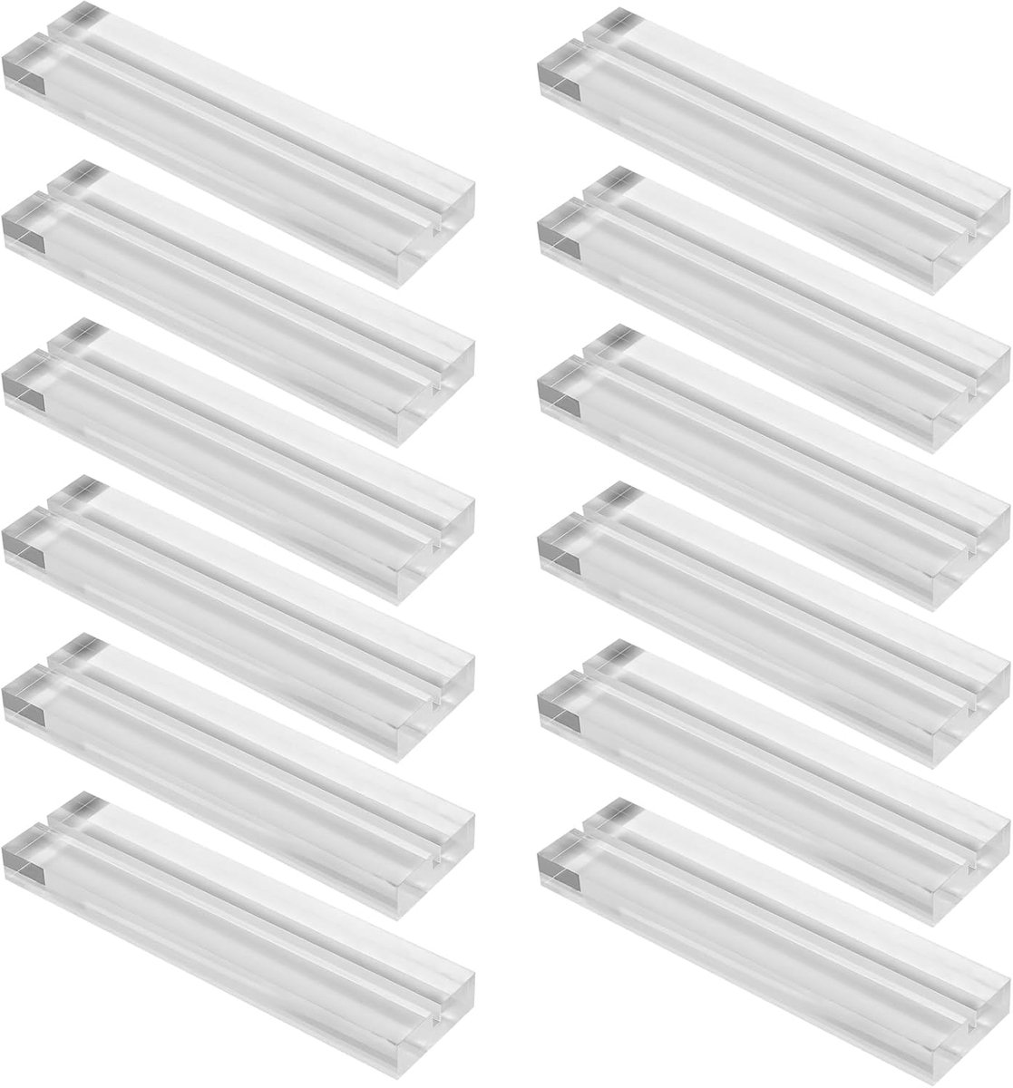 SnelShoppen - 12 Stuks Transparante Acryl Kaarthouders 12x3x1 cm, 3mm Tafelstandaard voor Foto's, Speelkaarten, Plaatskaarten en Bedrijfkaarten