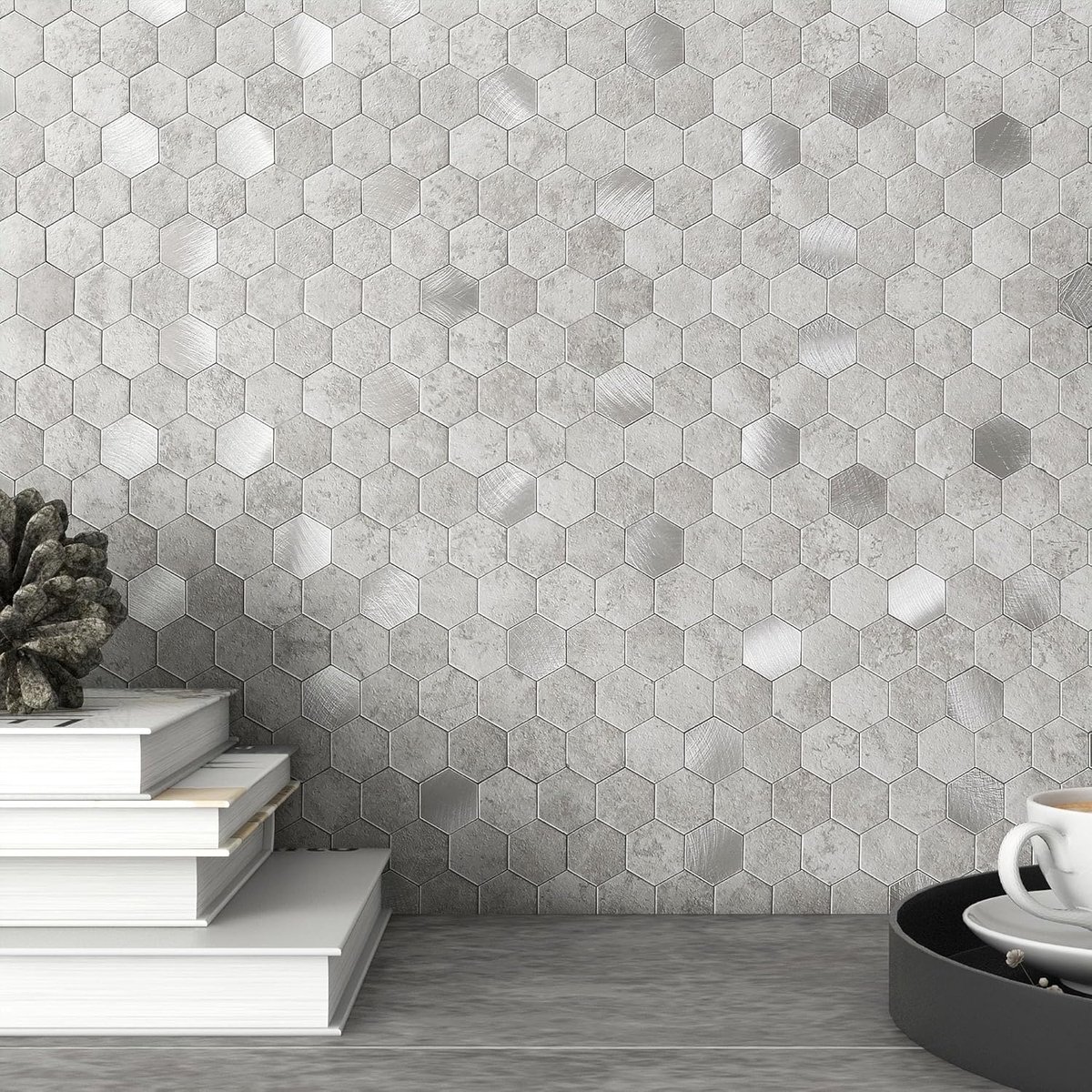 SnelShoppen - Zelfklevende Tegels voor Achterwand Keuken Hexagonale Metaal Marmer Honeycomb Wandtegels Stickers Mosaïek Hittebestendig Cement Grijs 5