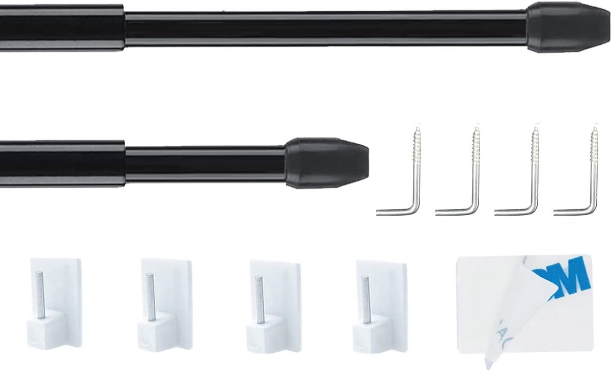 SnelShoppen - Uitbreidbare Gordijnrodeset voor Raam, Keuken, DIY Projecten - 2 Stuks, 40-70cm, Zwart, Geen Boren Nodig, Max. Draagcapaciteit 600g