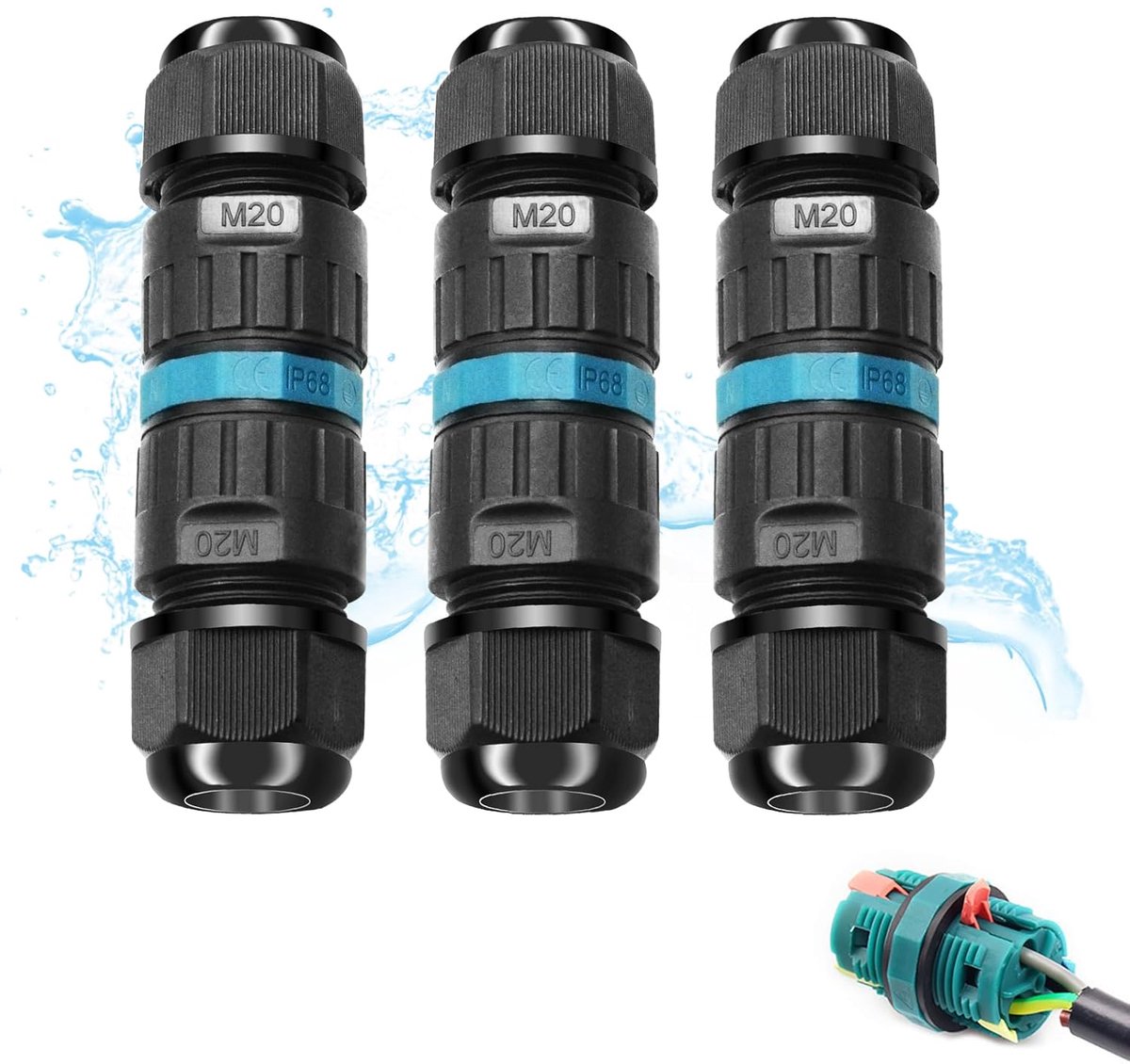 SnelShoppen - Pack van 3 Waterdichte Kabelconnectoren IP68, 3-Pins Aansluitdoos voor Buiten, Tuin, Grondkabel, Ø 5-12 mm, Duurzaam ABS en PVC