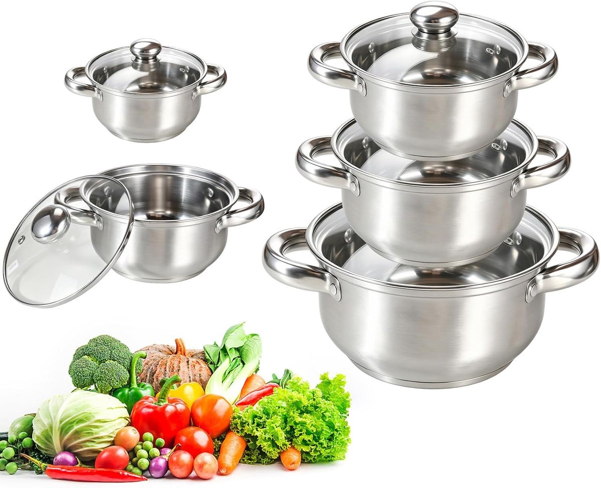 SnelShoppen - Pannenset 5-delig Roestvrij Staal Kookpannenset Inductie met Glazen Deksels - Oven- en Vaatwasmachinebestendig Kookgerei voor Keuken
